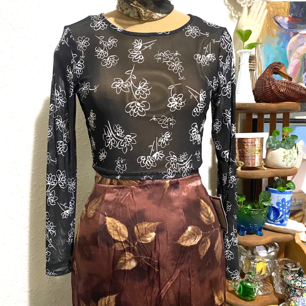 Vintage Top 10 Mesh Top Grunge Y2K Women Long Sleeve Floral Sheer Black